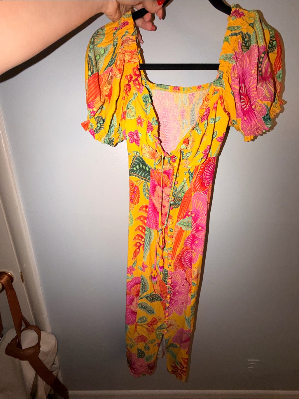 Farm Rio Yellow Maxi Dress With Pink & Green Floral Print